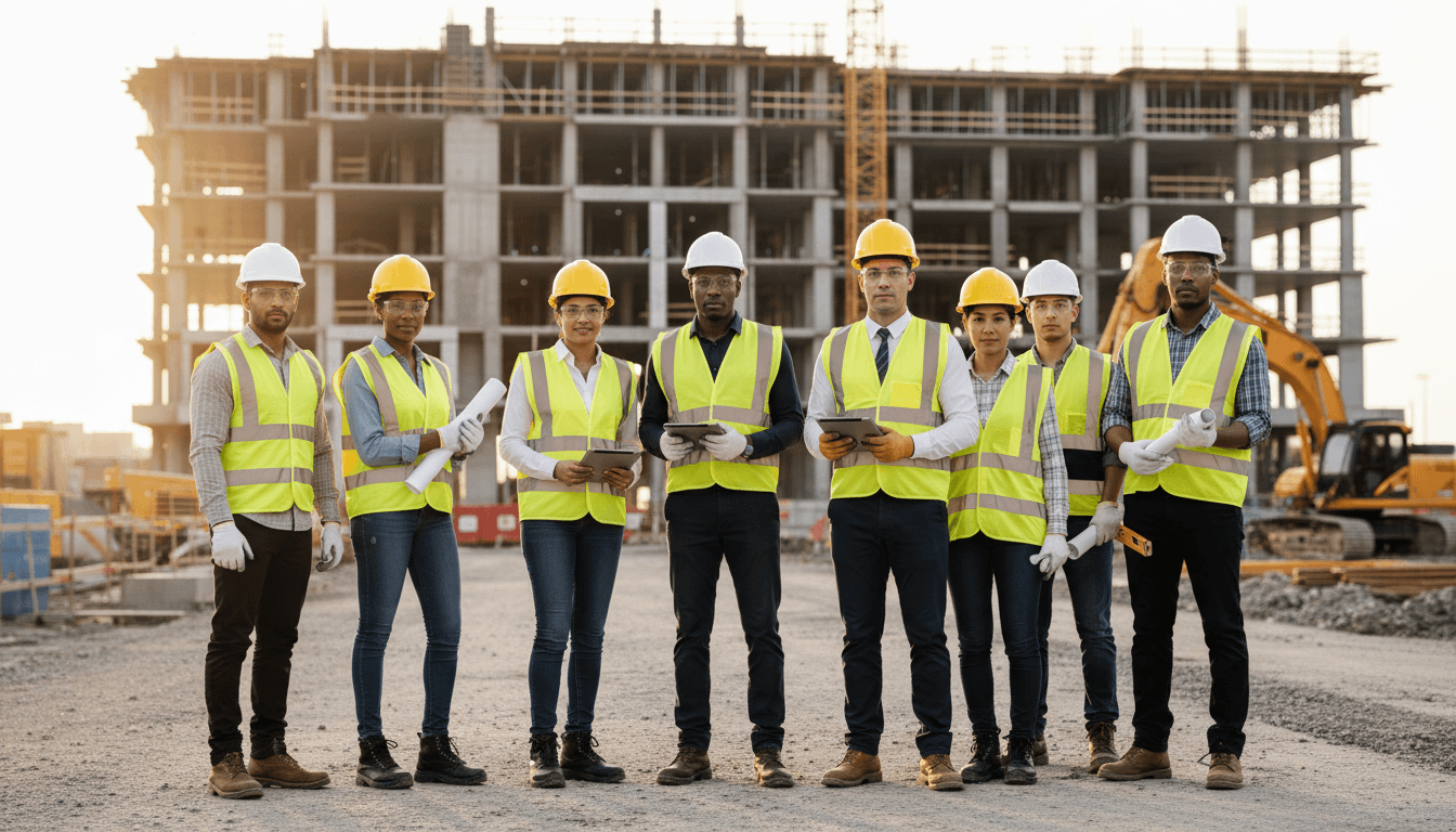 Professional construction team portrait at job site
