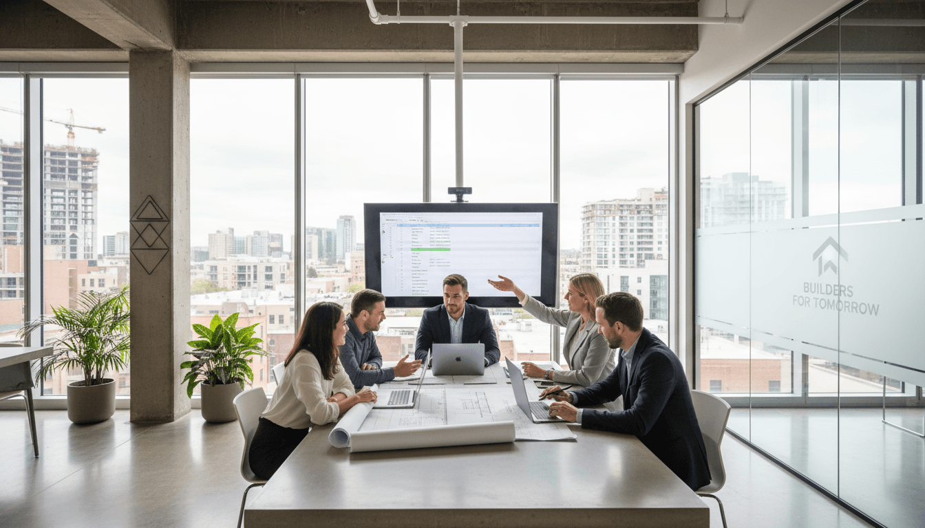 Construction team collaborating in modern office