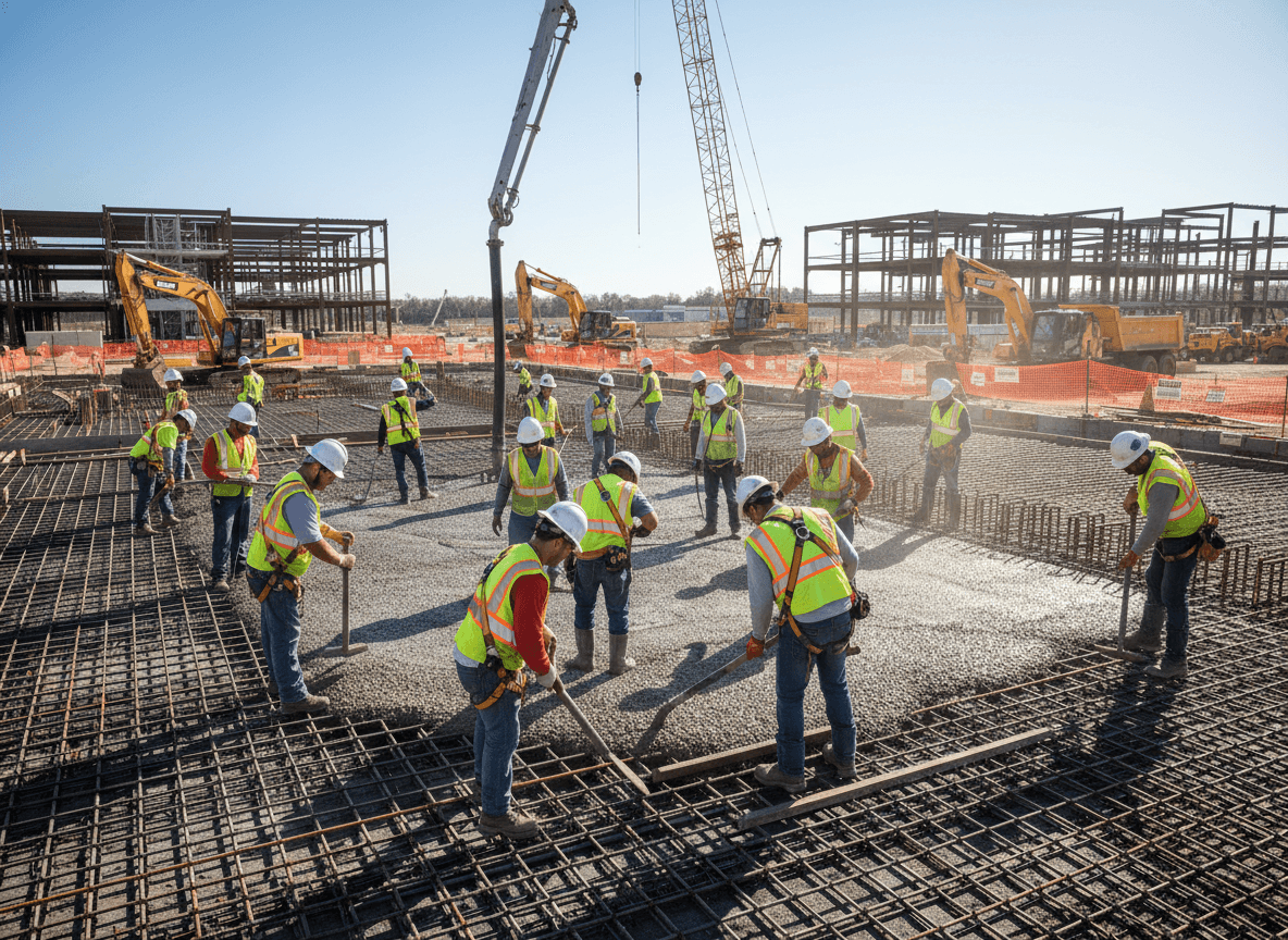 Construction crew pouring concrete foundation