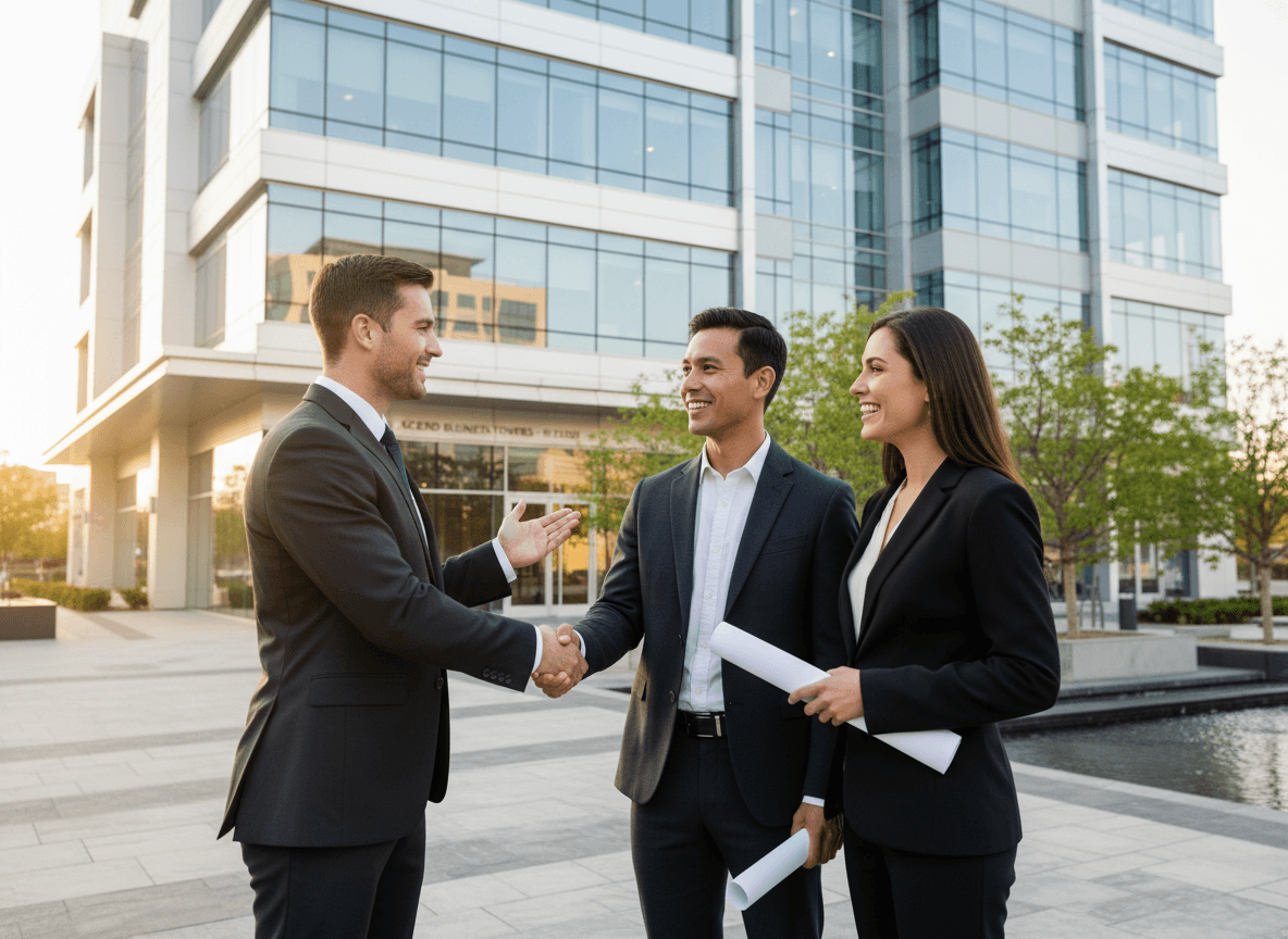 Project manager with clients at completed building